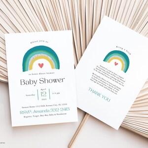 Rainbow Baby Shower Invitation téléchargement numérique - Invitation à une douche neutre en matière de genre - Modèle d’invitation à la baby shower de fille modifiable pour Canva