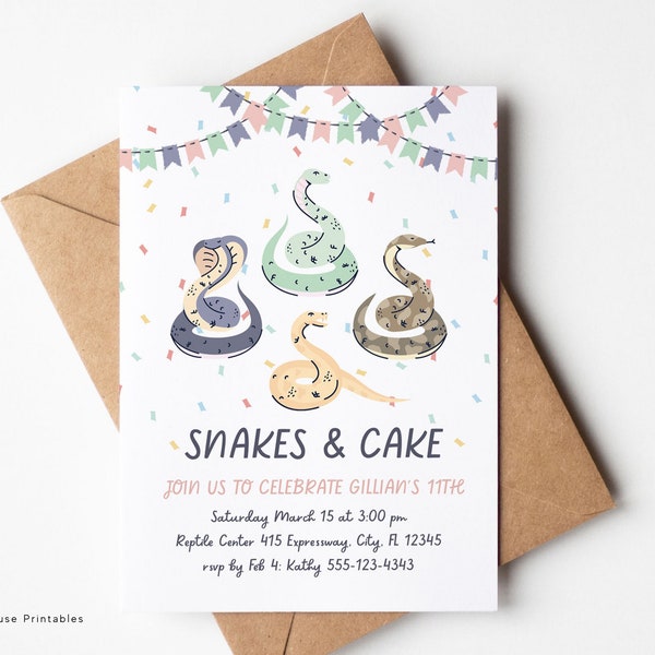 Girls Reptile Party Invitation, PRINTABLE reptile invite, Snake Reptile Birthday Theme, Cute Creepy Crawly Invitation, Digital Download