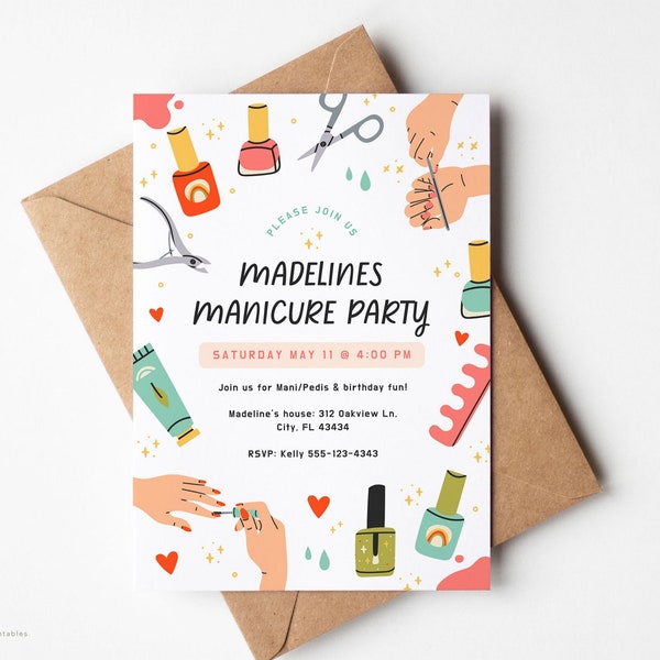 Girls Manicure Party Invitation for Canva,  Editable spa party birthday invite, Pamper Party birthday invite template INSTANT DOWNLOAD