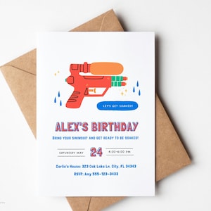 May include: A red and orange water gun with blue accents and a white background. The text "Let's get soaked!" is on the gun. The text "Alex's Birthday" is in blue and red letters with a white outline. The text "Bring your swimsuit and get ready to be soaked!" is in blue letters with a white outline. The text "Saturday May 24 4:00-6:00 PM" is in blue letters with a white outline. The text "Carlie's House: 323 Oak Lake Ln. City, FL 34343" is in blue letters with a white outline. The text "RSVP: Amy 555-123-3433" is in blue letters with a white outline.