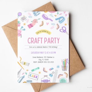 Mädchen Handwerk Party Einladung für Canva, bearbeitbare Kunsthandwerk Geburtstag einladen, Handwerk Geburtstagsfeier evite, digitaler INSTANT DOWNLOAD