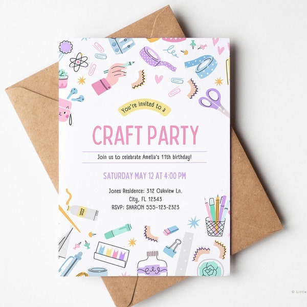 Meisjes Craft Party uitnodiging voor Canva, bewerkbare kunst en ambachten verjaardagsuitnodiging, kunst schilderij verjaardag uitnodiging sjabloon INSTANT DOWNLOAD