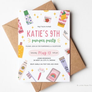 Girls Pamper Party Invitation for Canva,  Editable spa party birthday invite, Sleepover Party birthday invite template INSTANT DOWNLOAD