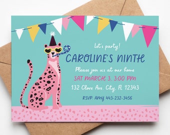 Cat Birthday Party Invitation for Canva,  Editable cat lover birthday invite, Cheetah Birthday Party INSTANT DOWNLOAD