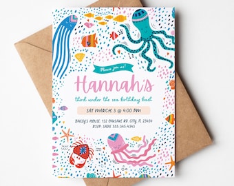 Under the Sea Birthday Invitation Template: Aquarium Party, Sea Creatures (INSTANT DOWNLOAD)