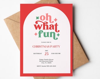 Oh What Fun Christmas Party Invite Template for Canva, Editable Retro Christmas party invitation, instant download