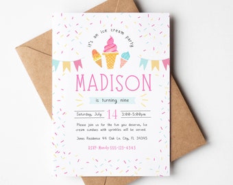 Editable Ice Cream Birthday Invitation, Girls Ice Cream Party Invite template for Canva - printable invitation Digital Download