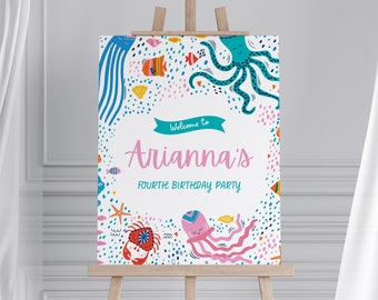 Editable Sea Life Birthday Welcome Sign: Ocean Party Decor (Canva Template, Digital Download