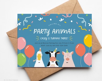 Party Animal Birthday Invitation - Cute Animal Party Invitation template for Canva, farm animal party, petting zoo, instant download