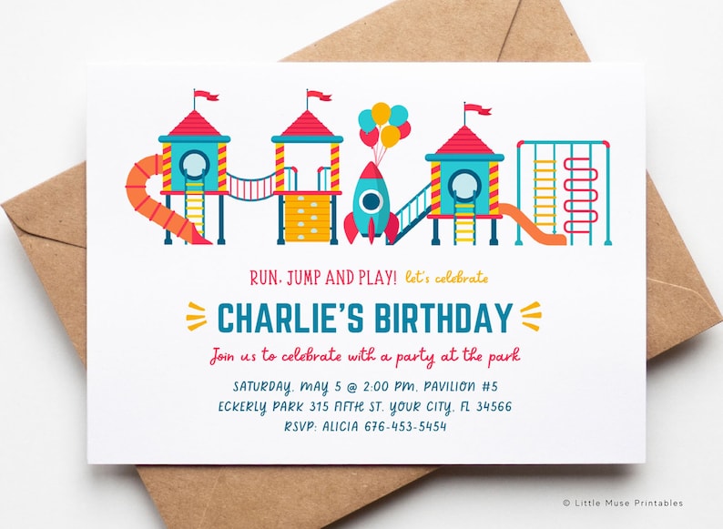 gender neutral playground party invite, party at the park birthday invitation with cute colorful jungle gym and party balloons, kids park party, kids playground party invite, play place party invite, backyard party invitation, play center birthday party