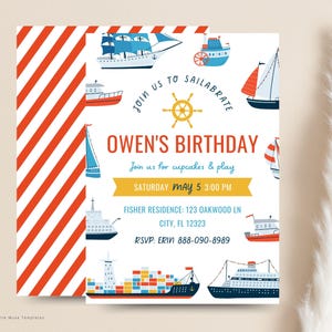 boys boat themed nautical birthday party invite with large ships and boats and captains wheel, cruise ship, tugboat, ocean themed