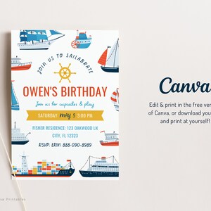 May include: A white birthday invitation with a nautical theme. The invitation features a variety of colourful boats and a steering wheel. The text on the invitation reads "Join us to sail-a-brate Owen's Birthday." The invitation also includes the date, time, and location of the party.