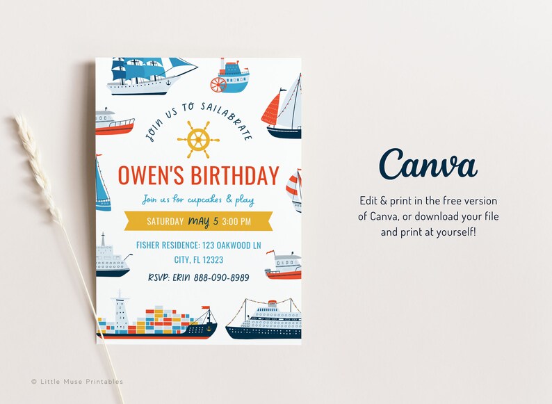 May include: A white birthday invitation with a nautical theme. The invitation features a variety of colourful boats and a steering wheel. The text on the invitation reads "Join us to sail-a-brate Owen's Birthday." The invitation also includes the date, time, and location of the party.