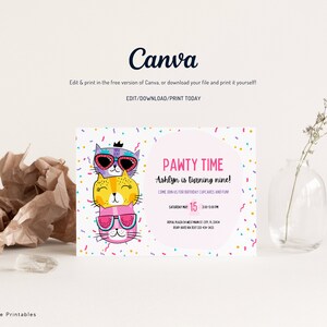 White card with colorful cat faces in pink, purple and yellow, each cat is wearing sunglasses, one cat has a princess crown, confetti background