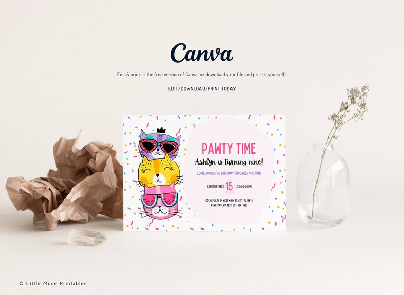 White card with colorful cat faces in pink, purple and yellow, each cat is wearing sunglasses, one cat has a princess crown, confetti background