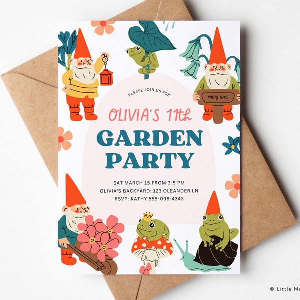 Garden party invitation, Gnome garden party invitation template Canva,  birthday invitation, printable gnome birthday invite, cottage core