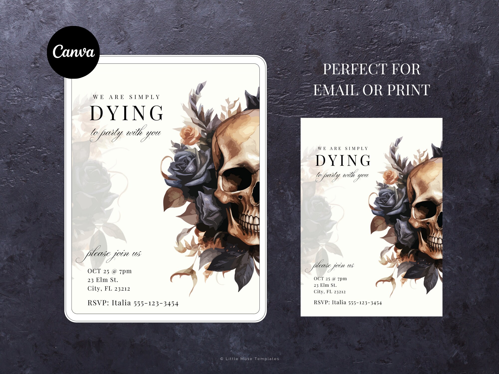 Gothic Halloween Party Invitation Template Canva, Skull and Roses ...