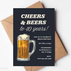 Cheers and Beers Birthday Invite: 40th birthday Editable Beer Mug Template (Digital Download)