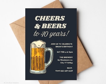 Cheers and Beers Party Invite, Funny Birthday Invite template Canva, Beer Lover Birthday Invitation, 40th birthday invite, instant download