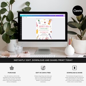 May include: A computer screen displaying a printable invitation for a pamper party. The invitation features a pink and white background with illustrations of beauty products and the text "KATIE'S 9TH pamper party". The text "May 5th" is also visible. The screen is on a white table with a plant and a glass of water.