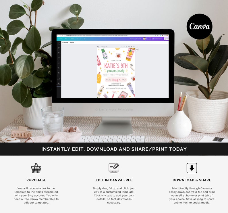 May include: A computer screen displaying a printable invitation for a pamper party. The invitation features a pink and white background with illustrations of beauty products and the text "KATIE'S 9TH pamper party". The text "May 5th" is also visible. The screen is on a white table with a plant and a glass of water.