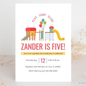 Editable playground birthday party invitation template for Canva—perfect for a fun outdoor celebration at a park or playground! This gender-neutral digital invitation features bright, playful graphics and is easy to customize with your child's name, party details, and colors. Ideal for boys and girls, this DIY printable invite is great for a park birthday, bounce house party, or any outdoor kids' event. Instantly download, personalize