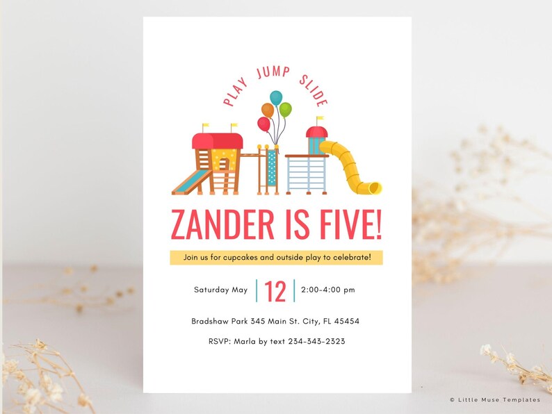 Editable playground birthday party invitation template for Canva—perfect for a fun outdoor celebration at a park or playground! This gender-neutral digital invitation features bright, playful graphics and is easy to customize with your child's name, party details, and colors. Ideal for boys and girls, this DIY printable invite is great for a park birthday, bounce house party, or any outdoor kids' event. Instantly download, personalize