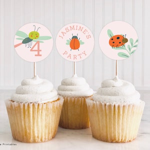Bug themed cupcake toppers for Canva, Insect Birthday Party Theme, Girl Insect party printable, bugs, Printable, Editable, INSTANT DOWNLOAD