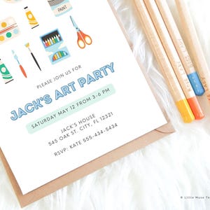 art lover party invite, artist party invite template, kids art party invite with paints, paintbrushes, colorful pencils, paint splash, art lover