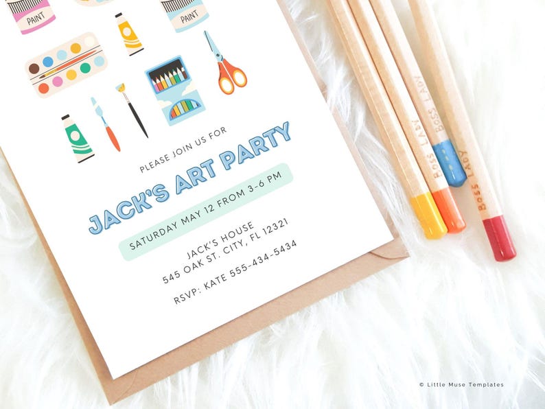 art lover party invite, artist party invite template, kids art party invite with paints, paintbrushes, colorful pencils, paint splash, art lover