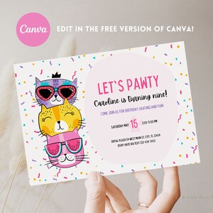 Three colorful cats wearing sunglasses, confetti background, mainly pink and purple design, cool cats party, let's pawty with kittens