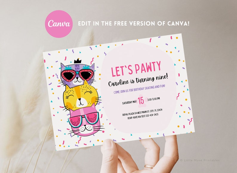 Three colorful cats wearing sunglasses, confetti background, mainly pink and purple design, cool cats party, let's pawty with kittens