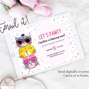 Kitten Party e-vite template with pink and purple cats wearing sunglasses with the text "let's pawty", cats wearing sunglasses, kitten birthday invite for girls