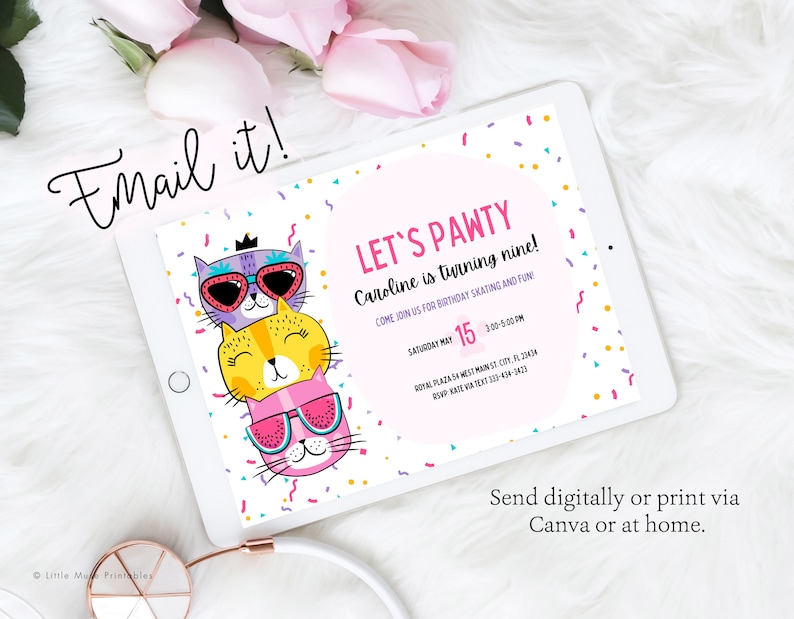 Kitten Party e-vite template with pink and purple cats wearing sunglasses with the text "let's pawty", cats wearing sunglasses, kitten birthday invite for girls