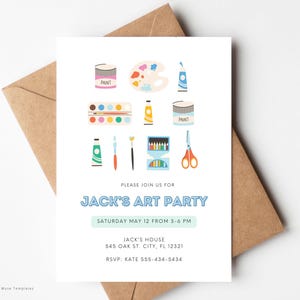 kids art party invite with paint supplies, cute paint arts and crafts invite, arts and craft party invitation template, canva templates, printable invitation template, editable arts and crafts invite, sweet little muse, little muse printables, cute art party