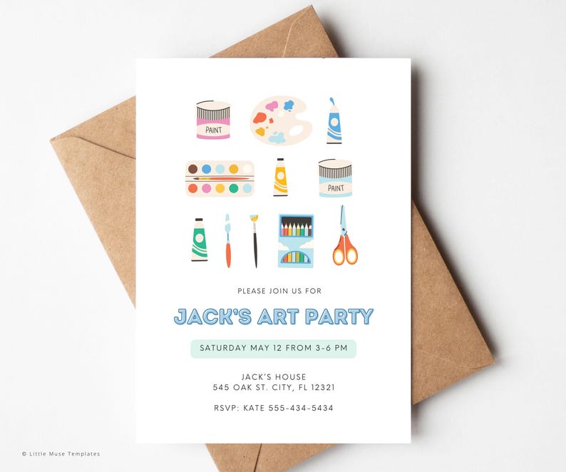 kids art party invite with paint supplies, cute paint arts and crafts invite, arts and craft party invitation template, canva templates, printable invitation template, editable arts and crafts invite, sweet little muse, little muse printables, cute art party
