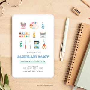 colorful art party evite template, digital invitation template for painting party, creative art party invite template, editable party invite with arts and crafts theme, painting night invite, little muse templates