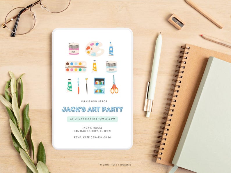 colorful art party evite template, digital invitation template for painting party, creative art party invite template, editable party invite with arts and crafts theme, painting night invite, little muse templates