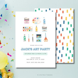 fun artist party invite, bright colorful invitation with paint palette and art supplies, painting party theme, art party theme, cute artist invitation template, canva templates, gender neutral party invite