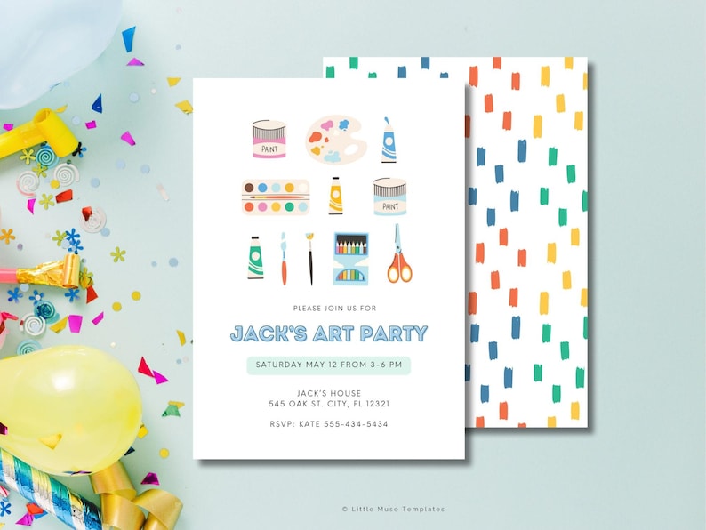fun artist party invite, bright colorful invitation with paint palette and art supplies, painting party theme, art party theme, cute artist invitation template, canva templates, gender neutral party invite