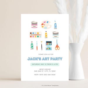 cute arts and crafts invite template, canva templates, painting party invite template with paintbrushes, art supplies, colorful art birthday party invite, bright and colorful kids party invitation template with art and painting supplies, gender neutral art party invite, little muse templates