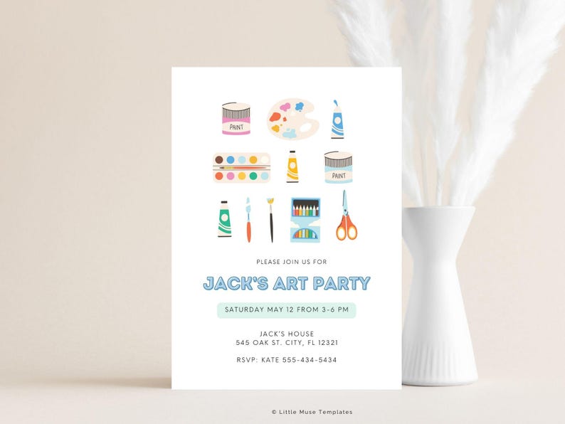 cute arts and crafts invite template, canva templates, painting party invite template with paintbrushes, art supplies, colorful art birthday party invite, bright and colorful kids party invitation template with art and painting supplies, gender neutral art party invite, little muse templates