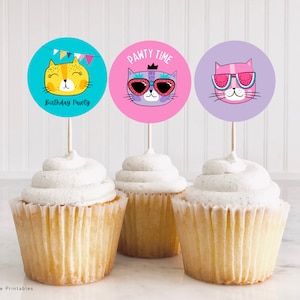 Kitty Cat Birthday cupcake toppers for Canva,  Editable cat lover cupcake toppers, Cute Cat Birthday Party cupcake toppers INSTANT DOWNLOAD