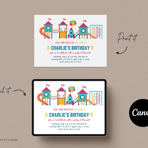 play party evite featuring slide, jungle gym, playground equipment, digital invitation template, digital playground birthday invitation, birthday invitation templates for canva, digital party invitation