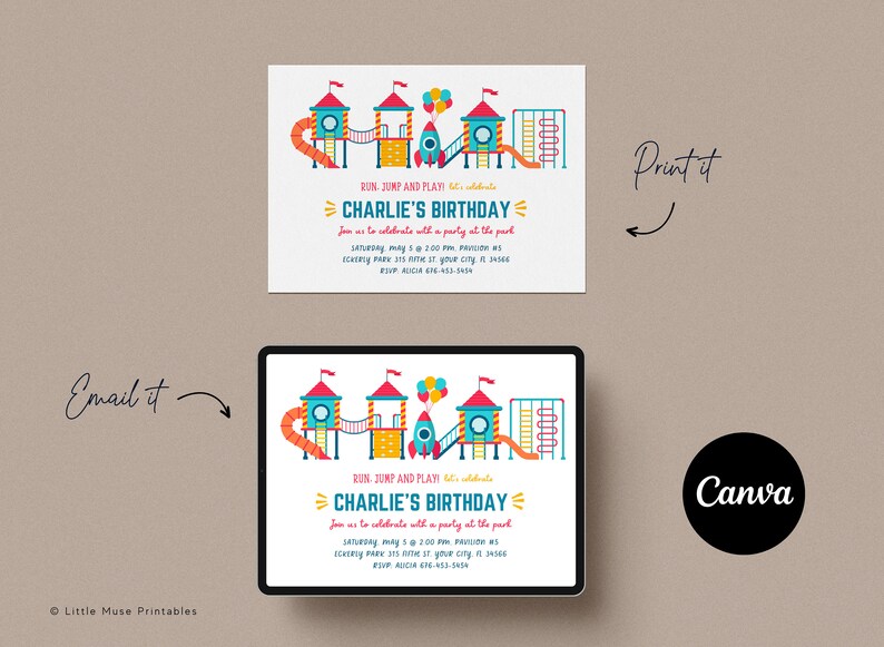 play party evite featuring slide, jungle gym, playground equipment, digital invitation template, digital playground birthday invitation, birthday invitation templates for canva, digital party invitation