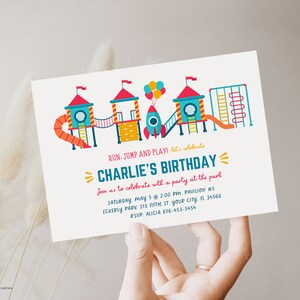 backyard play birthday invitation, jungle gym birthday invitation, jungle gym party invitation, playground party for boys or girls, gender neutral playground equipment in bright blue, red, orange, yellow and green