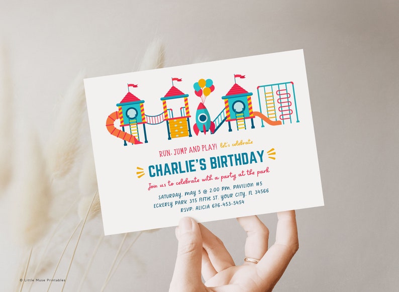 backyard play birthday invitation, jungle gym birthday invitation, jungle gym party invitation, playground party for boys or girls, gender neutral playground equipment in bright blue, red, orange, yellow and green