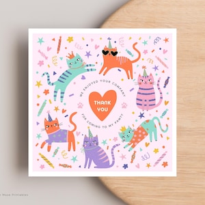Carte de remerciement Kitty Cat pour toile, Merci d'anniversaire pour chat pour enfants, carte de remerciement modifiable, téléchargement immédiat