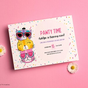 Cat birthday party invitation with confetti and three smiling cat faces, cats wearing sunglasses, cats for teens or tweens, pawty time