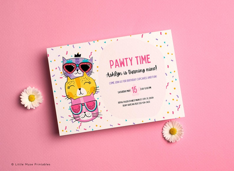 Cat birthday party invitation with confetti and three smiling cat faces, cats wearing sunglasses, cats for teens or tweens, pawty time